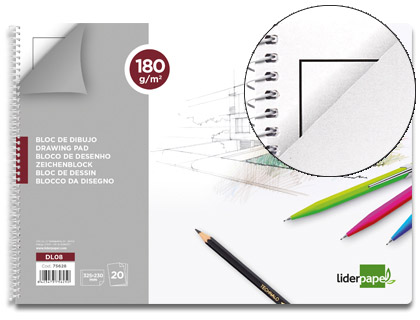 Bloc dibujo Liderpapel Lineal espiral 230x325mm. 20 hojas 180g/m² con recuadro perforado